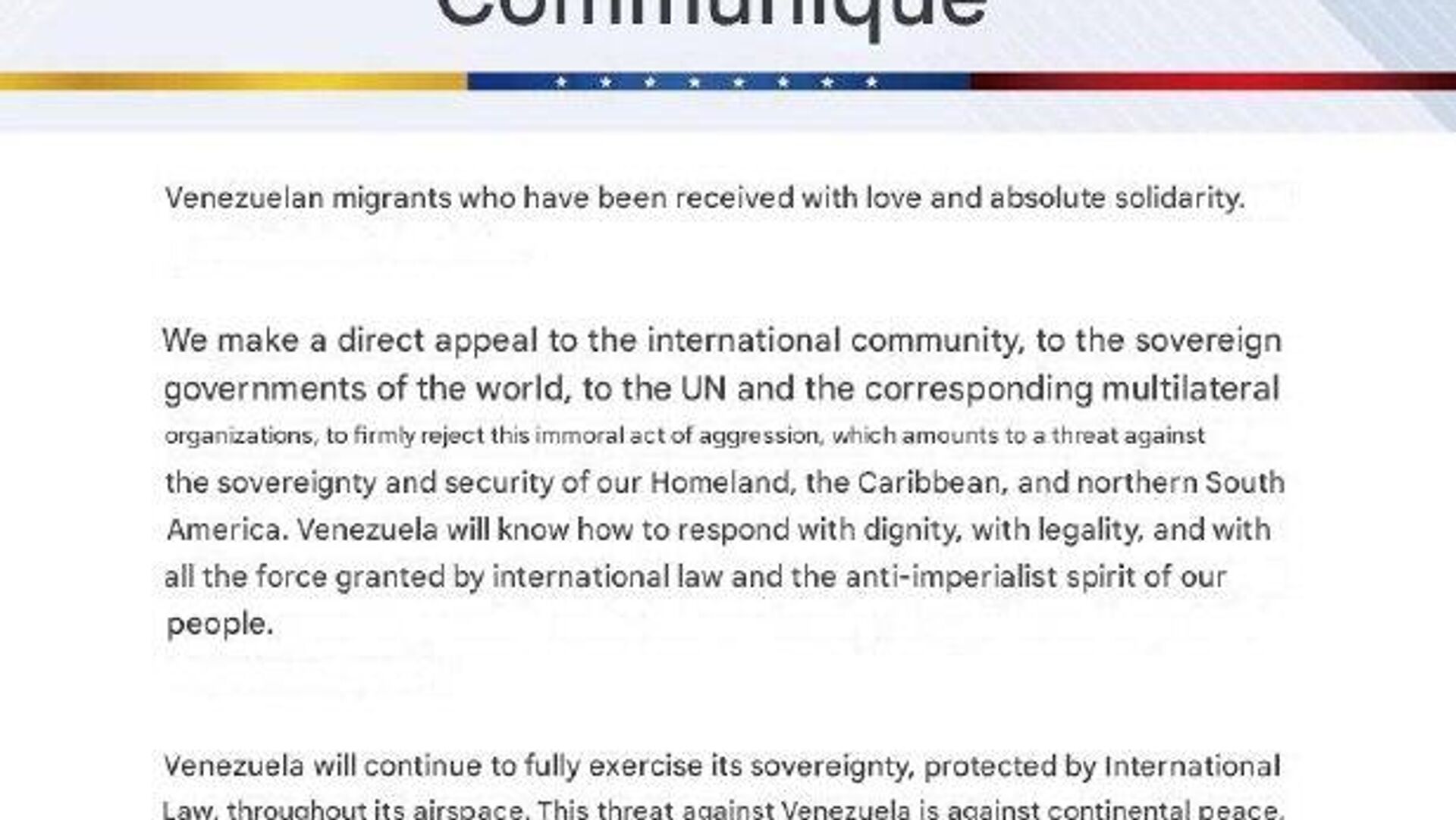 ونزوئلا خواستار احترام امریکا به حریم هوایی اش شد ونزوئلا خواستار احترام امریکا به حریم هوایی اش شد - اسپوتنیک افغانستان , 1920, 30.11.2025