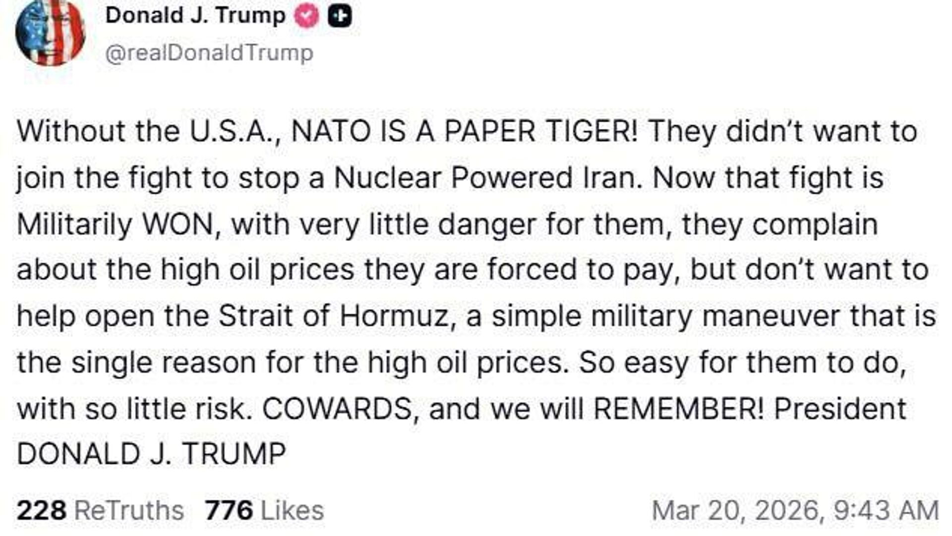 «ناتو ببری کاغذی است»؛ ترامپ: امریکا جانبداری بزدلانهٔ متحدانش در تنگهٔ هرمز را از یاد نخواهد برد «ناتو ببری کاغذی است»؛ ترامپ: امریکا جانبداری بزدلانهٔ متحدانش در تنگهٔ هرمز را از یاد نخواهد برد - اسپوتنیک افغانستان , 1920, 20.03.2026