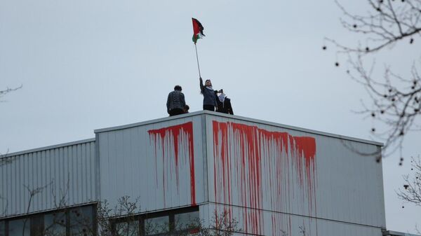 چندین فعال طرفدار فلسطین روی بام ساختمان شرکت دفاعی راینمتال در برلین - اسپوتنیک افغانستان  