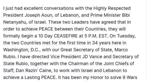 ترامپ اعلام کرد که لبنان و اسرائیل با آتش‌بس موافقت کرده‌اند - اسپوتنیک افغانستان  