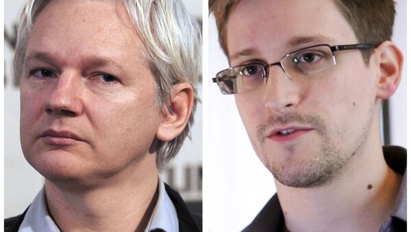 A combination made on July 3, 2013 shows a file picture of WikiLeaks founder Julian Assange (L) taken on June 7, 2013 in London and a still frame grab recorded on June 6, 2013 in Hong Kong of former US agent of the National Security Agency, Edward Snowden - اسپوتنیک افغانستان  