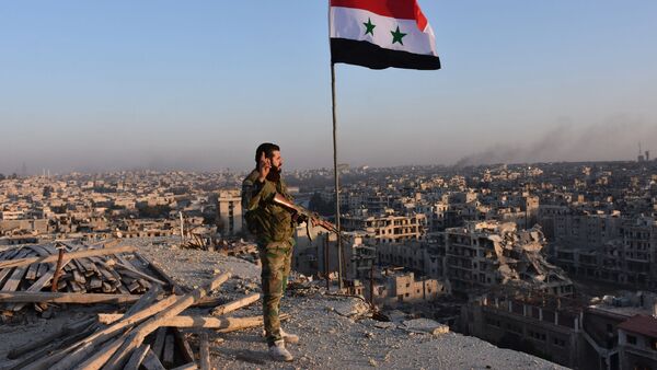 Солдат сирийской армии перед панорамой города Алеппо - اسپوتنیک افغانستان  