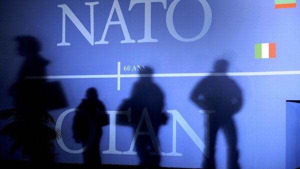 This April 2, 2009 file photo shows shadows cast on a wall decorated with the NATO logo and flags of NATO countries in Strasbourg, eastern France, before the start of the NATO summit which marked the organisation's 60th anniversary. - اسپوتنیک افغانستان  