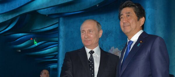 Russian President Vladimir Putin, left, and Japanese Prime Minister Shinzo Abe during a joint examination of the Primorsky Aquarium on Russky Island as part of the Eastern Economic Forum Russian President Vladimir Putin, left, and Japanese Prime Minister Shinzo Abe during a joint examination of the Primorsky Aquarium on Russky Island as part of the Eastern Economic Forum - اسپوتنیک افغانستان