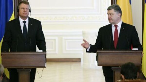Президент Румынии Клаус Йоханнис и украинский президент Петр Порошенко на встрече в Киеве - اسپوتنیک افغانستان  