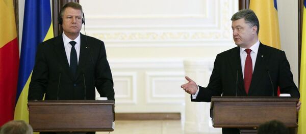 Президент Румынии Клаус Йоханнис и украинский президент Петр Порошенко на встрече в Киеве Президент Румынии Клаус Йоханнис и украинский президент Петр Порошенко на встрече в Киеве - اسپوتنیک افغانستان