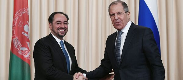 Министр иностранных дел Афганистана Салахуддин Раббани и министр иностранных дел РФ Сергей Лавров на пресс-конференции по итогам встречи в Москве - اسپوتنیک افغانستان  