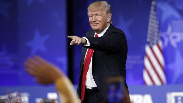 President Donald Trump points to a supporter after speaking at the Conservative Political Action Conference (CPAC), Friday, Feb. 24, 2017, in Oxon Hill, Md. - اسپوتنیک افغانستان  