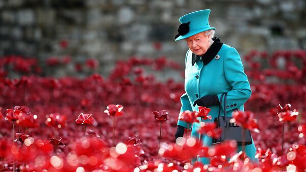 Britain's Queen Elizabeth II visits the Tower of London's 'Blood Swept Lands and Seas of Red' poppy installation in central London on October 16, 2014 - اسپوتنیک افغانستان  