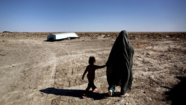 An Iranian woman walks with her daughter past an abandoned boat in Sikh Sar village at Hamoon wetland near the Zabol town, in southeastern province of Sistan-Baluchistan bordering Afghanistan on February 2, 2015. - اسپوتنیک افغانستان  