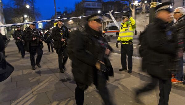 Вооруженная полиция у здания парламента в Лондоне, где накануне произошел теракт - اسپوتنیک افغانستان  