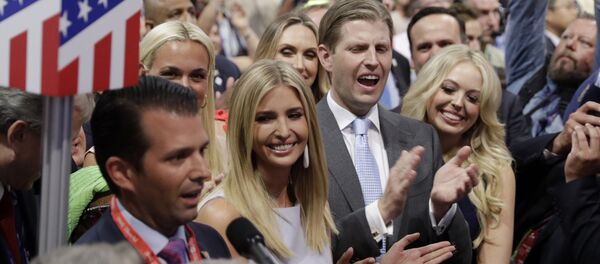 Republican Presidential Candidate Donald Trump's children Donald Trump, Jr., Ivanka Trump, Eric Trump and Tiffany Trump celebrate on the convention floor during the second day session of the Republican National Convention in Cleveland, Tuesday, July 19, 2016. Republican Presidential Candidate Donald Trump's children Donald Trump, Jr., Ivanka Trump, Eric Trump and Tiffany Trump celebrate on the convention floor during the second day session of the Republican National Convention in Cleveland, Tuesday, July 19, 2016. - اسپوتنیک افغانستان