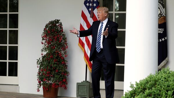 US President Donald Trump speaks to staffers setting up for the Commander in Chief's trophy presentation in the Rose Garden of the White House in Washington, US, May 2, 2017. - اسپوتنیک افغانستان  