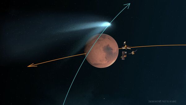 This artist's concept shows NASA's Mars orbiters lining up behind the Red Planet for their duck and cover maneuver to shield them from comet dust that may result from the close flyby of comet Siding Spring (C/2013 A1) on Oct. 19, 2014. - اسپوتنیک افغانستان  