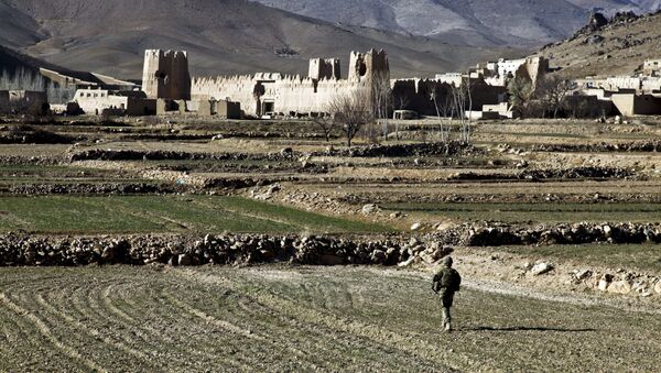 A US Army Soldier 1st Platoon, Apache Company, 2nd Battalion, 4th Infantry Brigade Combat Team, 10th Mountain Division, walks through a field to the village of Dahanah, Wardak province, Afghanistan Dec. 2. - اسپوتنیک افغانستان  