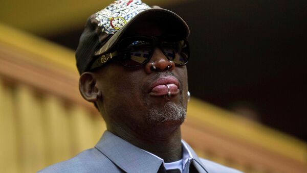 Dennis Rodman, looks out at the court at the end of an exhibition basketball game with U.S. and North Korean players at an indoor stadium in Pyongyang, North Korea - اسپوتنیک افغانستان  