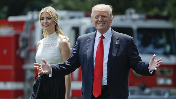 President Donald Trump gestures as he walks with his daughter Ivanka Trump across the South Lawn of the White House in Washingto - اسپوتنیک افغانستان  
