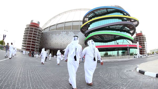 A picture taken with a fisheye lens on May 19, 2017, shows a general view of the Khalifa International Stadium in Doha, after it was refurbished ahead of the Qatar 2022 FIFA World Cup, as fans arrive to attend the Qatar Emir Cup Final football match between Al-Sadd and Al-Rayyan - اسپوتنیک افغانستان  