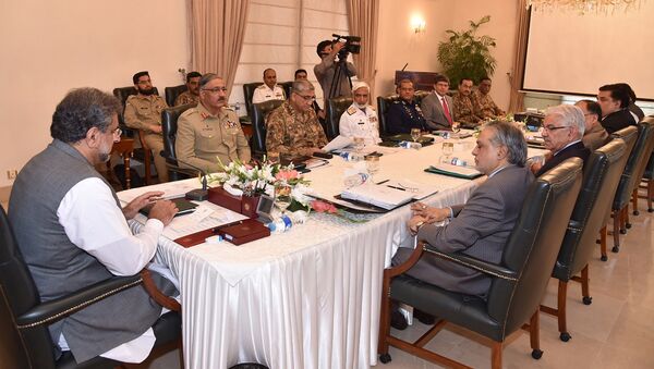 In this photo released by by Pakistan's Press Information Department, Prime Minister Shahid Khaqan Abbasi, left, heads a meeting of the National Security Committee in Islamabad, Pakistan, Thursday, Aug. 24, 2017 - اسپوتنیک افغانستان  