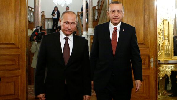 Russian President Vladimir Putin and his Turkish counterpart Tayyip Erdogan arrive for a joint news conference following their meeting in Istanbul, Turkey, October 10, 2016 - اسپوتنیک افغانستان  