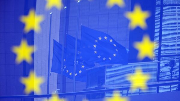 Флаги Евросоюза в отражении на стенде с эмблемой ЕС - اسپوتنیک افغانستان  