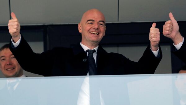 FIFA President Gianni Infantino gestures during a visit to the Luzhniki Stadium, which is under construction for the 2018 World Cup, in Moscow, Russia, April 19, 2016. - اسپوتنیک افغانستان  