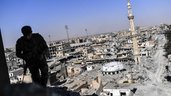 Боец Сирийских демократических сил на фоне разрушенного сирийского города Ракка - اسپوتنیک افغانستان  