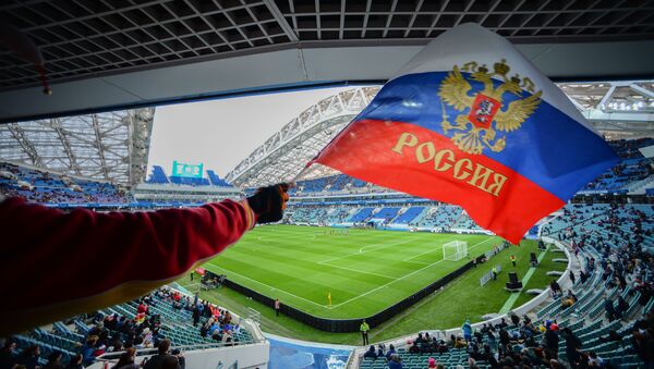 Флаг России на трибуне стадиона Фишт перед началом товарищеского матча между сборными России и Бельгии - اسپوتنیک افغانستان  
