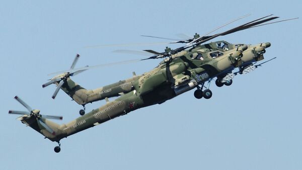 Вертолеты Ми-28 над полигоном Кадамовский в Ростовской области во время подготовки к международному военно-техническому форуму Армия-2017 - اسپوتنیک افغانستان  