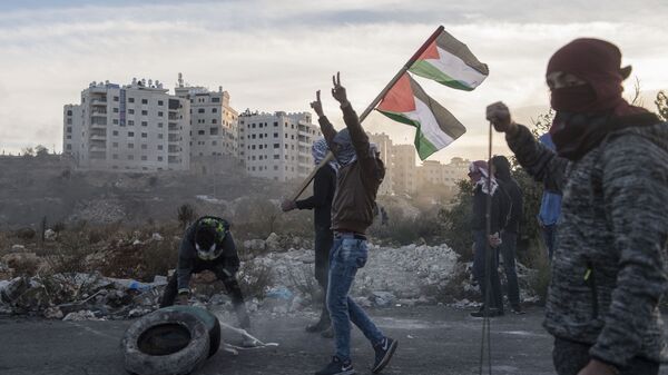 Протестующие во время столкновений на границе Палестины и Израиля около Рамаллы - اسپوتنیک افغانستان  