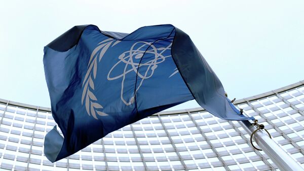 The flag of the International Atomic Energy Agency (IAEA) flies in front of the Vienna headquarters at the Vienna International Center. (File) - اسپوتنیک افغانستان  
