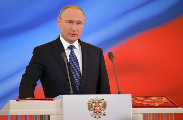 ولادیمیر پوتین،رئیس جمهور منتخب روسیه هنگام ایراد بیانیه در مراسم تحلیف ریاست جمهوری. - اسپوتنیک افغانستان  
