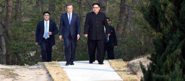 Лидеры Северной и Южной Корей Ким Чен Ын и Мун Чжэ Ин во время встречи в деревне Пханмунджом в демилитаризованной зоне, разделяющей две Кореи - اسپوتنیک افغانستان  