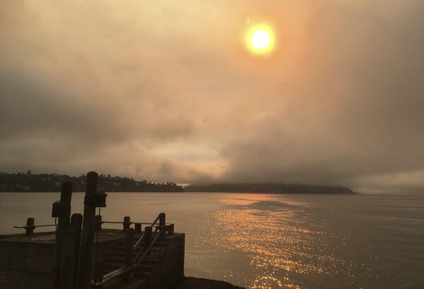 In this photo taken Sunday, July 1, 2018, a haze from wildfires is seen over Angel Island, at right, and San Francisco Bay from Sausalito, Calif. A fire official says a massive wildfire tearing through rural Northern California is burning 1.5 square miles (4 square kilometers) of rugged terrain an hour. Gabe Lauderbale, a spokesman with the California Department of Forestry and Fire Protection, said Monday, that hot temperatures and gusty winds are contributing to the fast spread of the blaze in sparsely populated areas of Yolo and Napa counties - اسپوتنیک افغانستان  