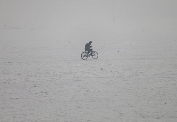 بایسکل سواری مردی در جریان برف‌باری در کابل - اسپوتنیک افغانستان  