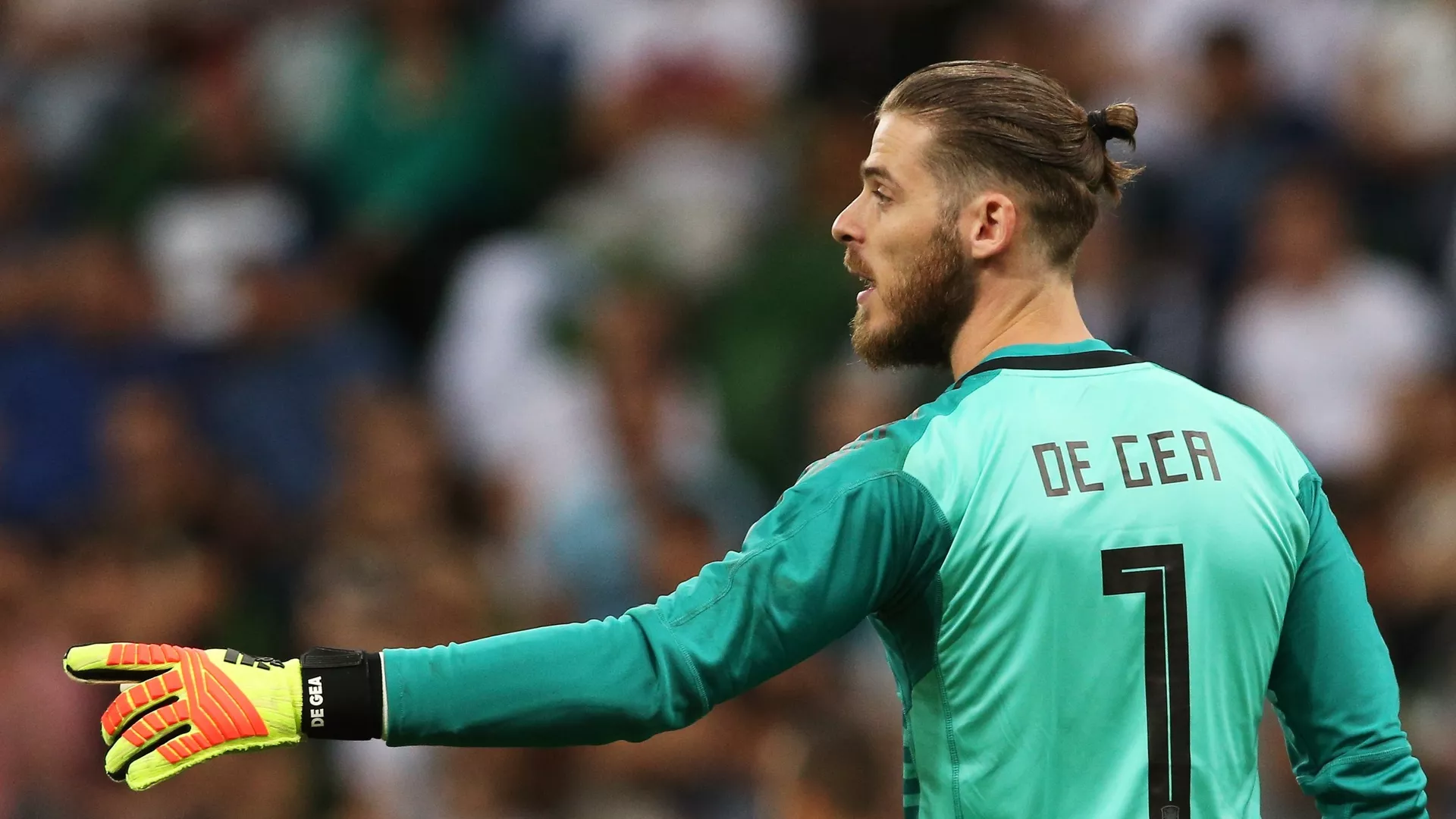 Spain's goalkeeper David de Gea points during a friendly match between Tunisia's and Spain's national soccer teams ahead of the World Cup in Krasnodar, Russia, June 9, 2018