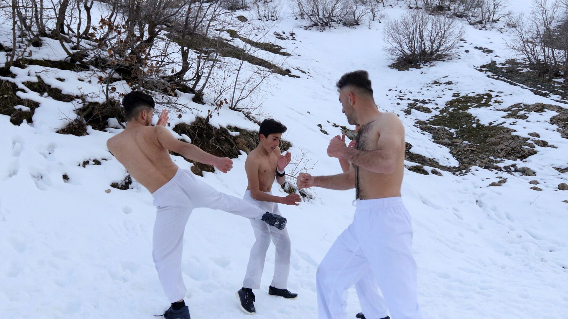 Члены клуба карате Kikoshin Karate выполняют упражнения на покрытых снегом горах Сулеймании, Ирак - اسپوتنیک افغانستان  , 1920, 24.03.2022