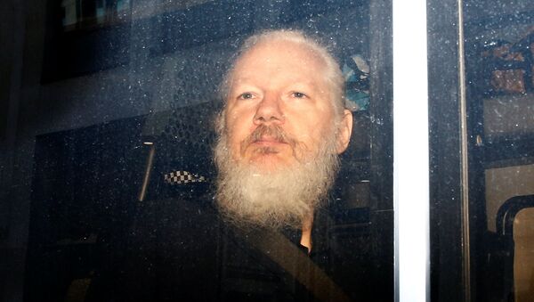 Основатель WikiLeaks Джулиан Ассанж в полицейском фургоне после того, как британская полиция арестовала его возле посольства Эквадора в Лондоне - اسپوتنیک افغانستان  