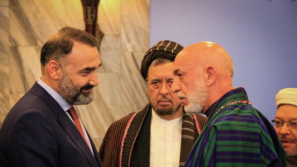 حامد کرزی، عطا محمد نور و محمد محقق در دومین نشست بین‌الافغانی در مسکو - اسپوتنیک افغانستان  