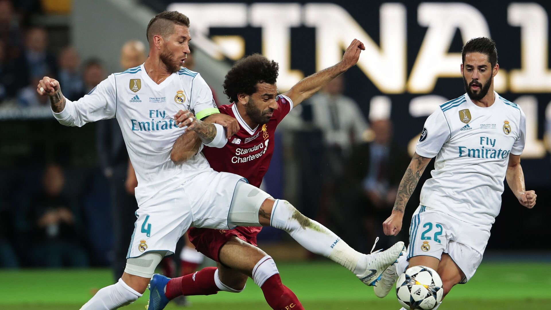 From left: Sergio Ramos from Real Madrid FC (Madrid, Spain), Mohamed Salah from Liverpool FC (Liverpool, England) and Isco from Real Madrid FC during the 2017-2018 UEFA Champions League final match between Liverpool FC and Real Madrid FC - اسپوتنیک افغانستان  , 1920, 11.01.2022