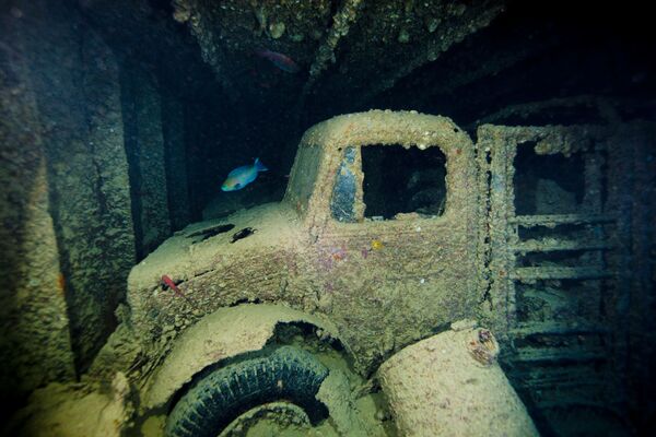 یکی از موترهایی که در داخل کشتی باربری تیستلگورم قرار دارد که در سال ۱۹۴۱ در خلیج سوئز غرق شده بود - اسپوتنیک افغانستان  