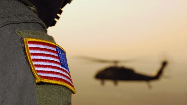 Close-up of a US Flag patch as a US Army (USA) UH-60A Black Hawk (Blackhawk) helicopter - اسپوتنیک افغانستان  