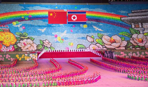 Гимнастическое представление на стадионе May Day в Пхеньяне в честь визита президента Китая Си Цзиньпина в Северную Корею - اسپوتنیک افغانستان  