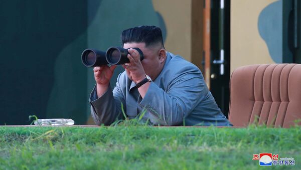 Лидер КНДР Ким Чен Ын наблюдает в бинокль за запуском двух ракет малого радиуса действия  - اسپوتنیک افغانستان  