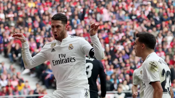 Real Madrid's Sergio Ramos celebrates scoring their second goal with Sergio Reguilon  - اسپوتنیک افغانستان  