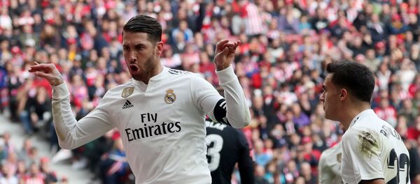 Real Madrid's Sergio Ramos celebrates scoring their second goal with Sergio Reguilon  - اسپوتنیک افغانستان  