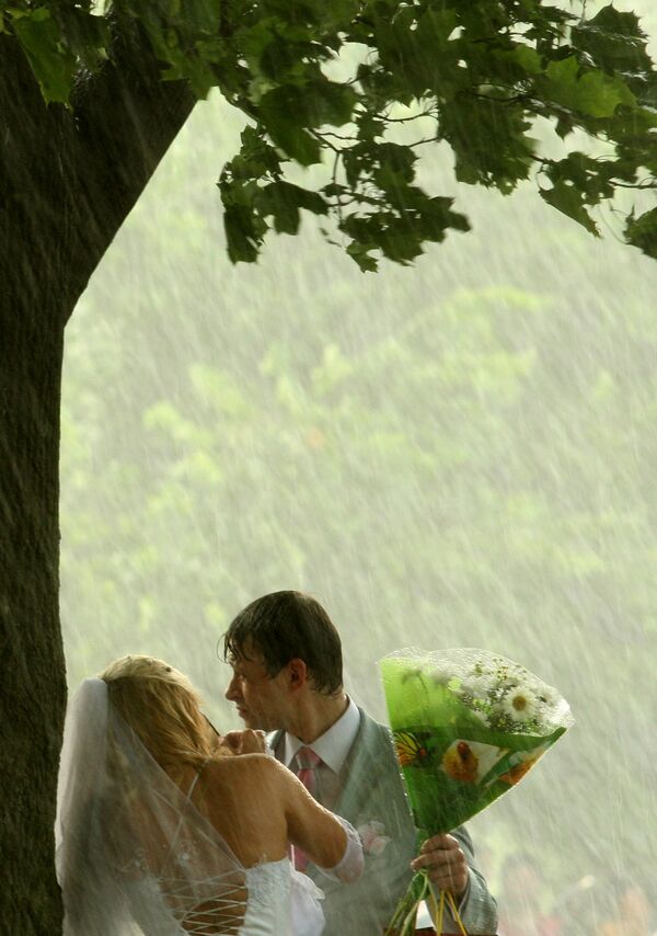 مراسم عروسی در باران شدید در سن پیترزبورگ . - اسپوتنیک افغانستان  