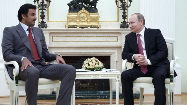 Эмир Катара Тамим бен Хамад Аль Тани и президент России Владимир Путин на встрече в Москве - اسپوتنیک افغانستان  