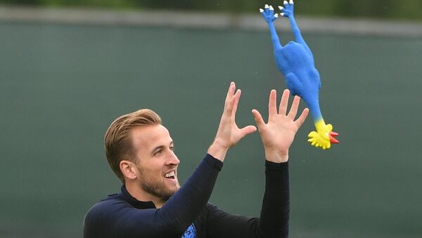 England's Harry Kane plays with a toy rooster during the national soccer team's training session in St. Petersburg, Russia, July 10, 2018. - اسپوتنیک افغانستان  