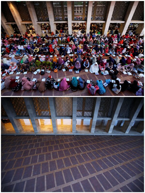 دو تصویر جداگانه از مسلمانان در ایام ماه مبارک رمضان در مسجد ایستیکلال در جاکارتا در سال 2019 و 24 اپریل سال 2020 - اسپوتنیک افغانستان  
